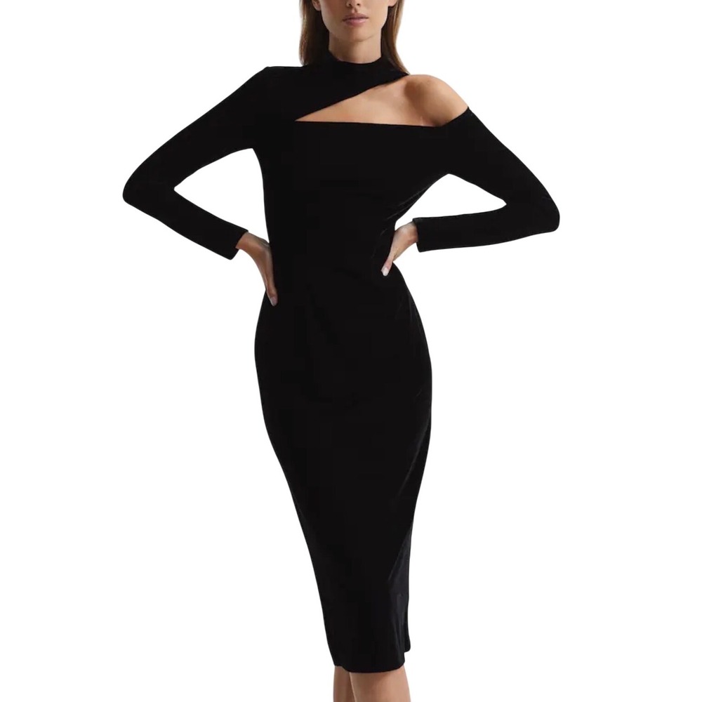 Reiss Dress Tatiana Black Velvet Asymmetrical Cutout Midi 10P Petite NEW